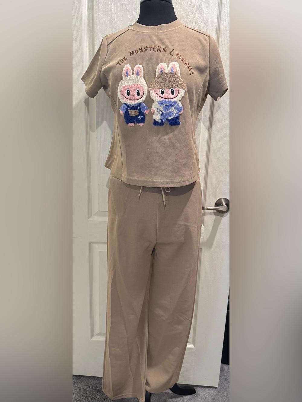 Embroidered Labubu Women's Wide-Leg Drawstring Pants in Taupe